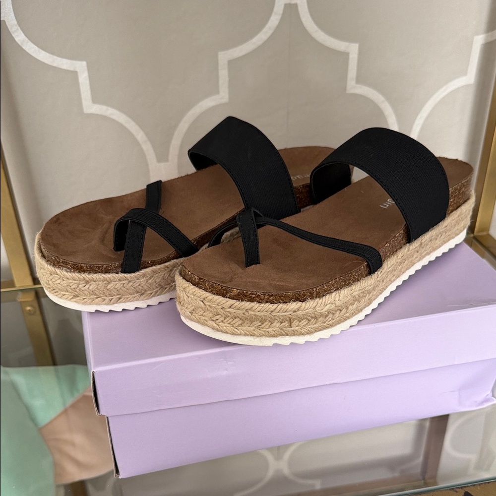 Madden Girl Black and Tan Espadrille Sandals